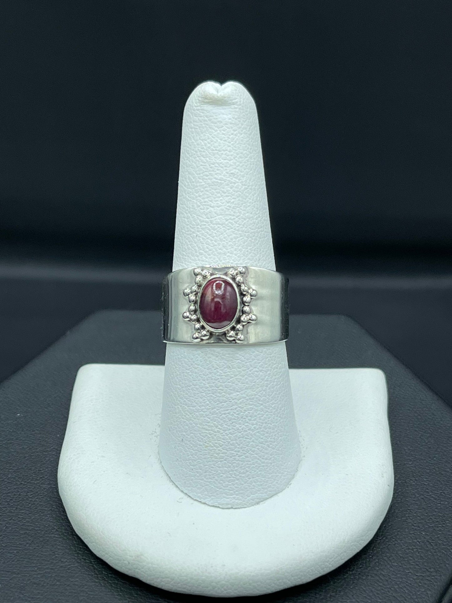 Natural Ruby Cabochon Sterling Silver Cigar Ring (Size 8.5)