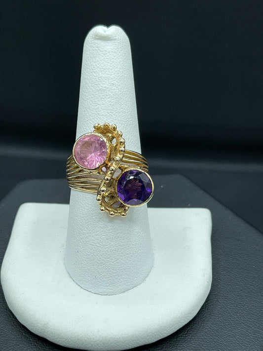 4.28 Carat Pink Tourmaline & Zambian Amethyst 14k Yellow Gold Statement Ring  (Size 8.5)