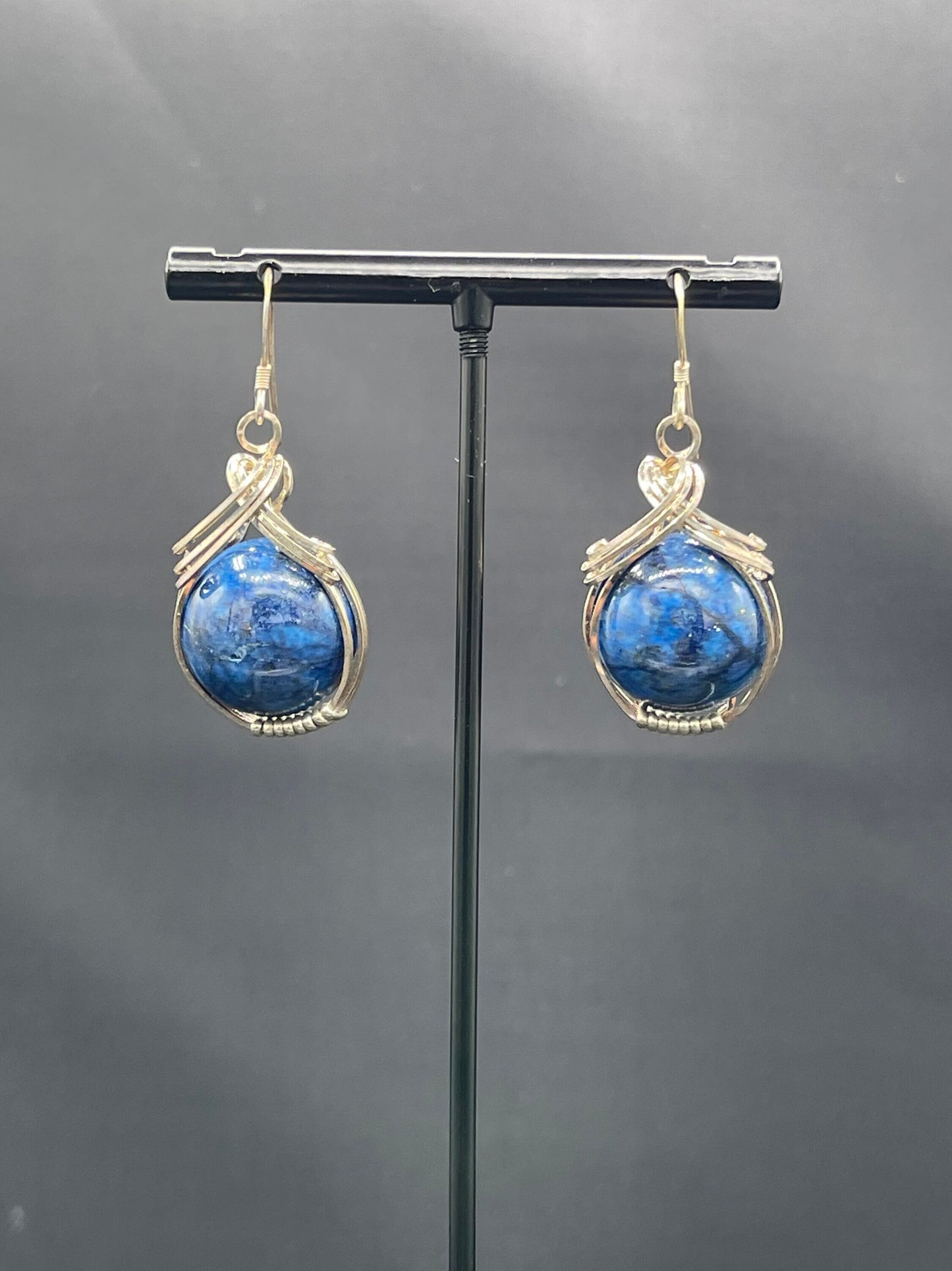 Natural Lapis Lazuli Sterling Silver Wire Wrapped Dangle Earrings