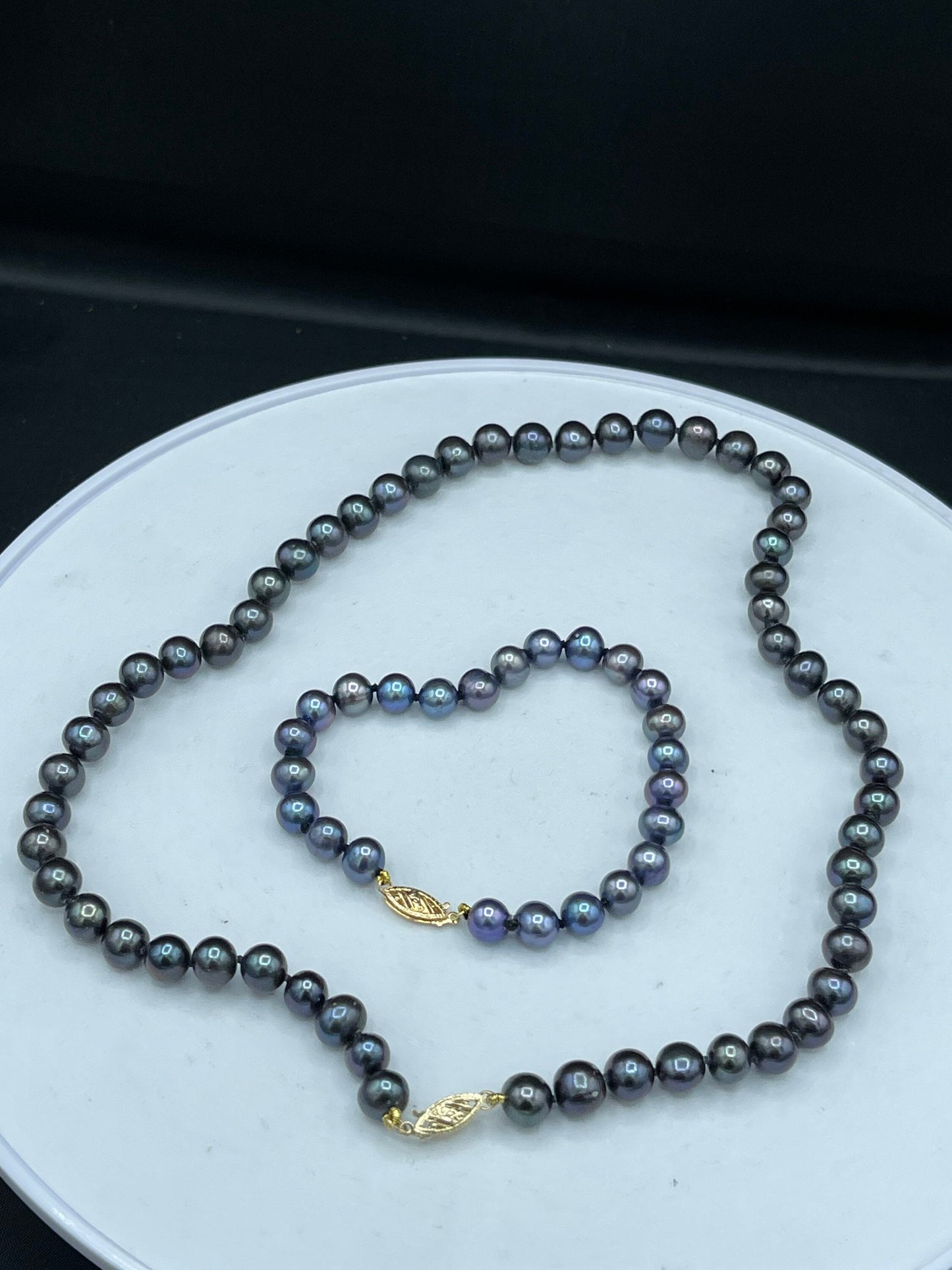 Natural Black Freshwater Pearl 14k Gold Clasp Necklace & Bracelet Bridesmaid Set