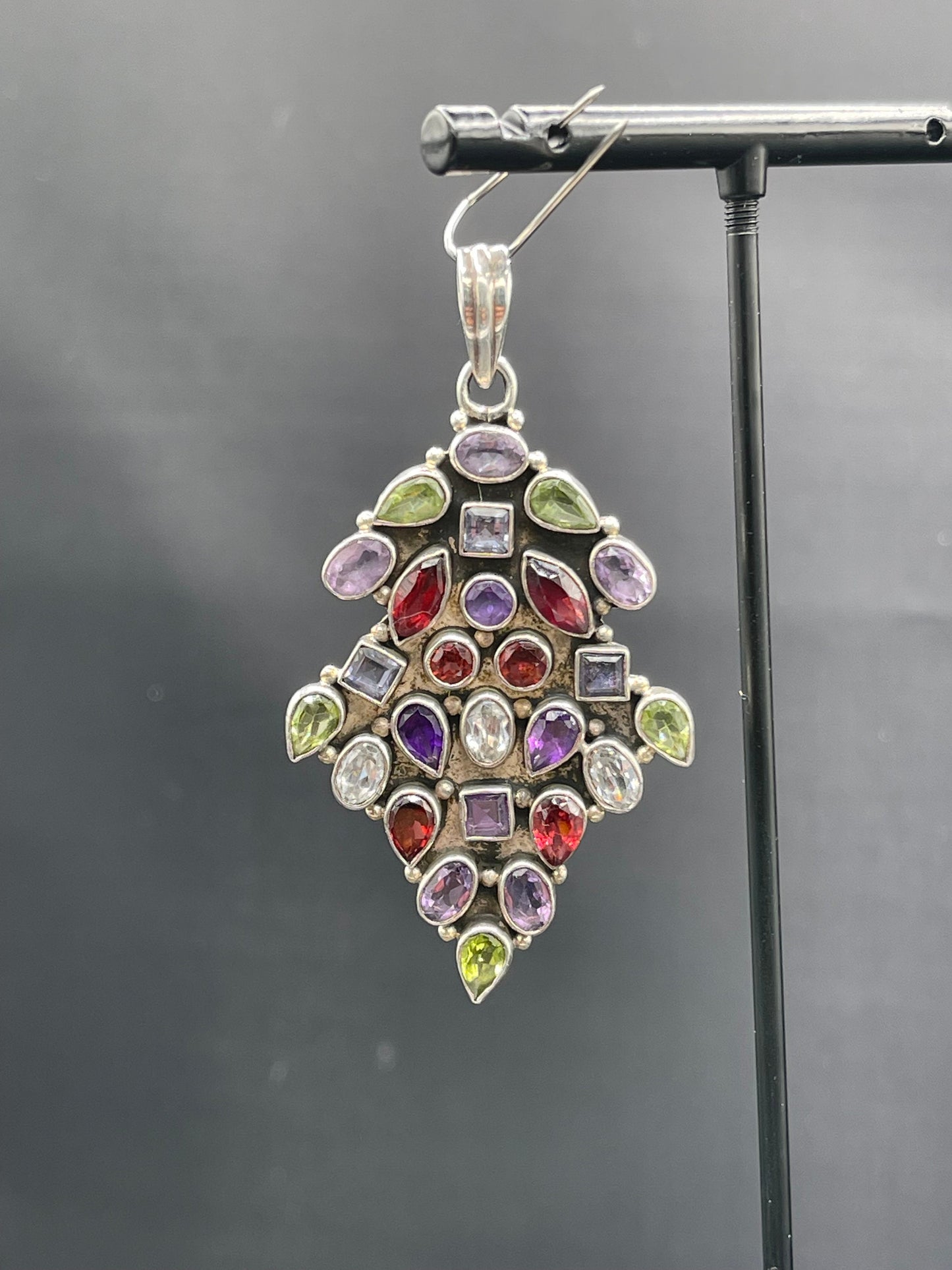 Natural Garnet Amethyst Peridot Iolite & White Topaz Sterling Silver Pendant