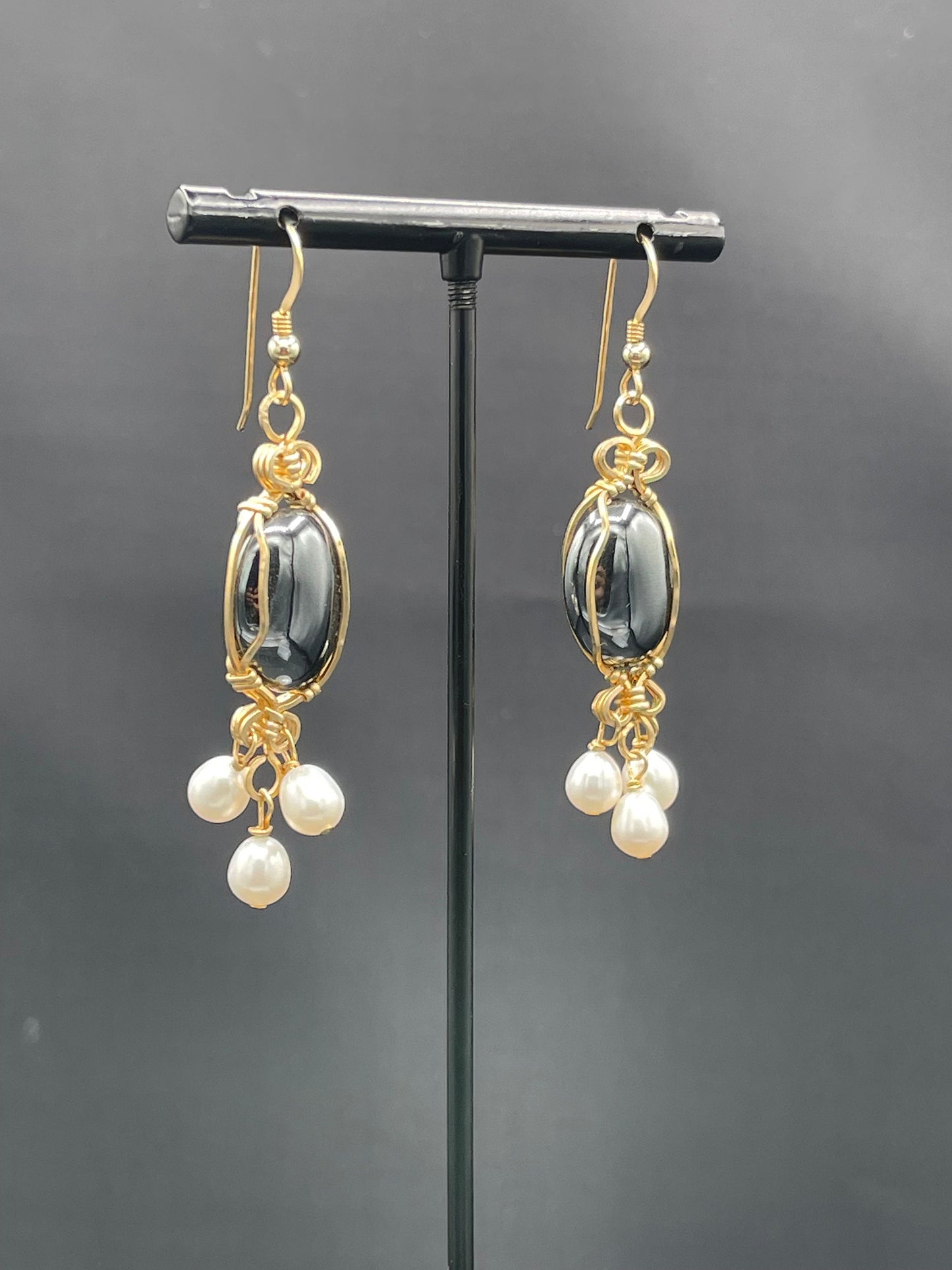 Natural Hematite Freshwater Pearl Handmade Wire Wrapped 14k GF Dangle Earrings