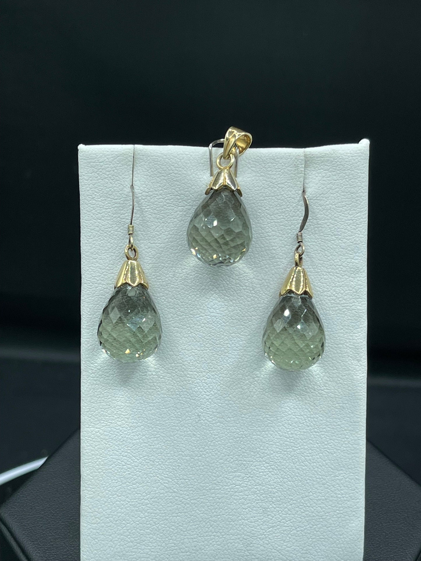 Natural Green Amethyst Briolette Sterling Silver Earring & Pendant Set