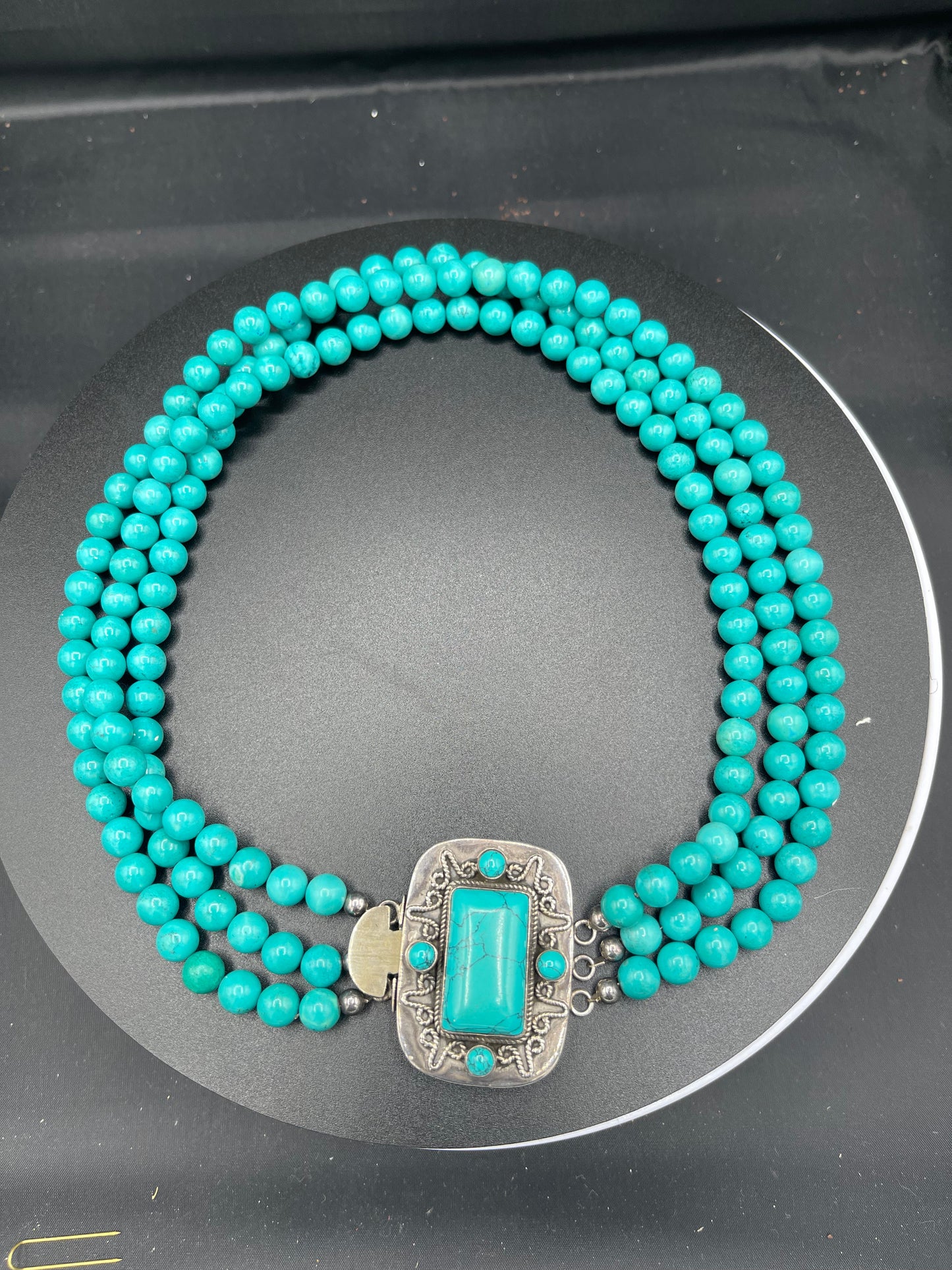 Natural Turquoise Triple Strand Sterling Silver Necklace